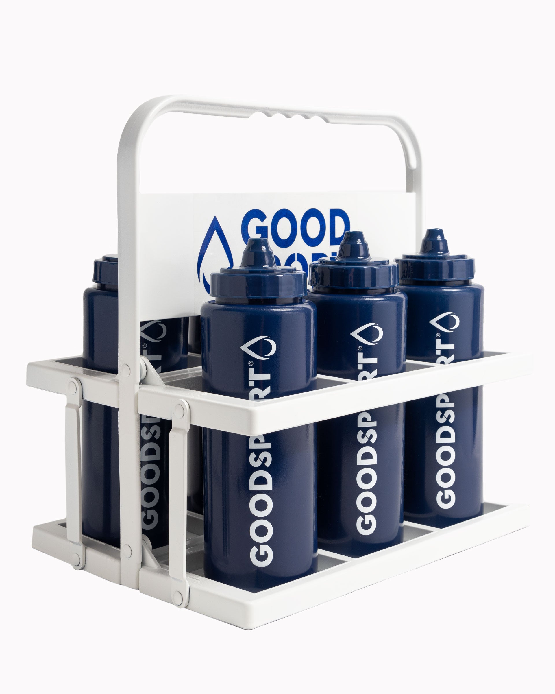 6 blue GoodSport squeeze bottles in a bottle carrier.
