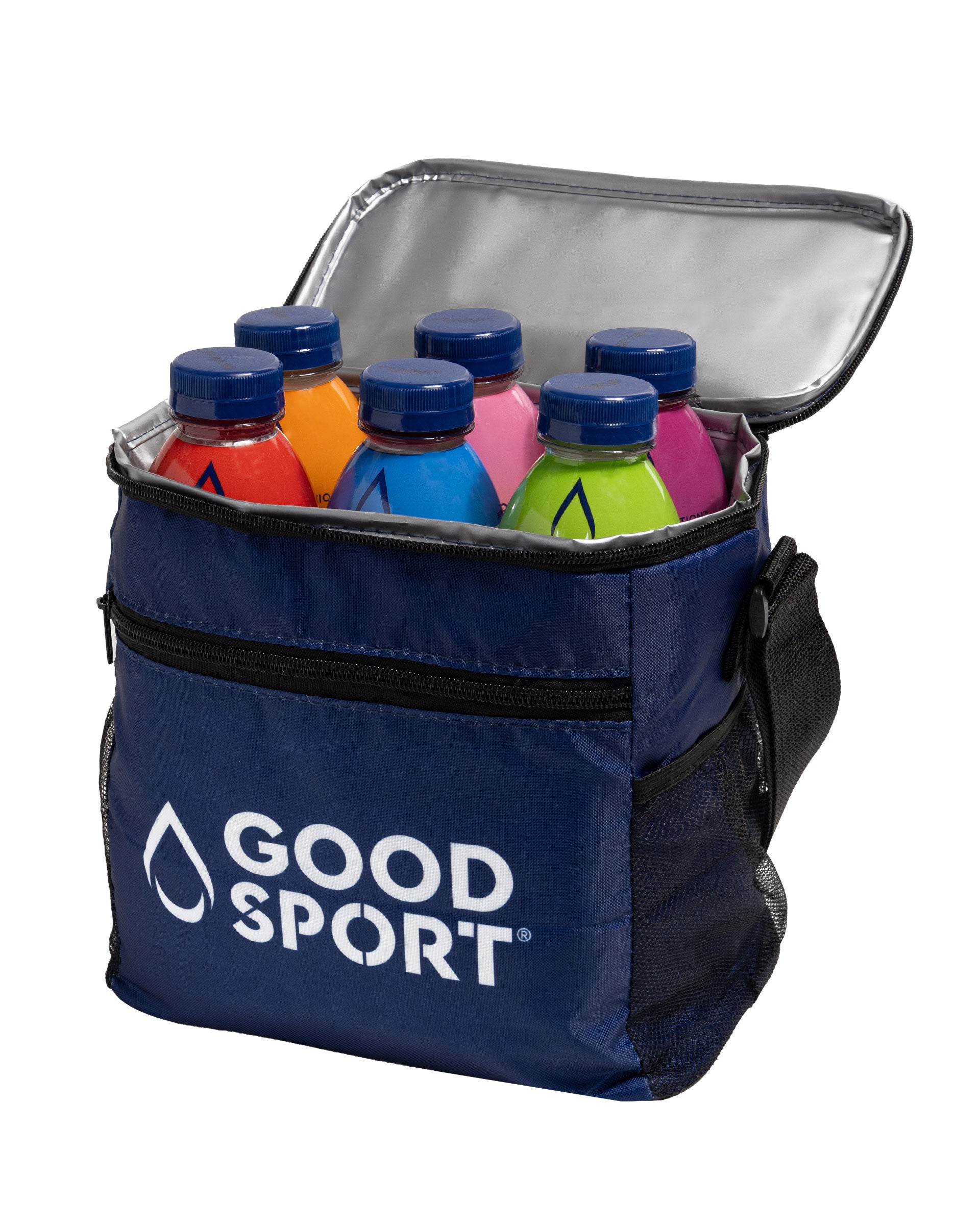 Blue GoodSport cooler bag with 6 bottles sticking out.
