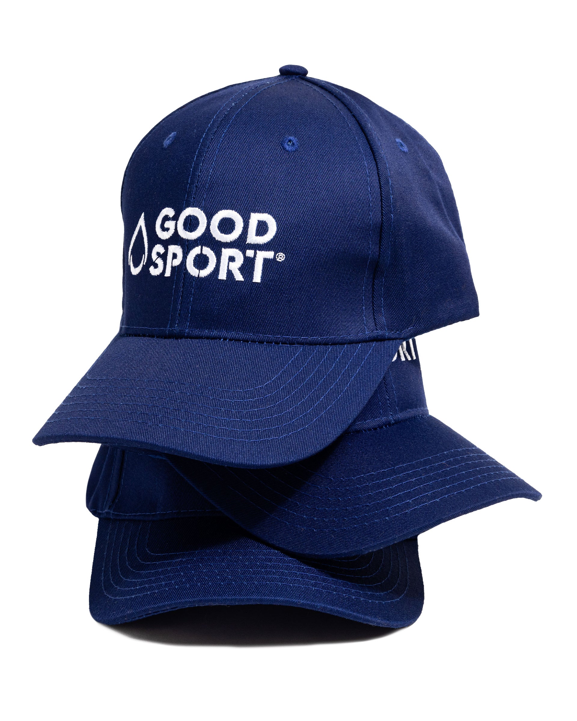 Stack of blue GoodSport hats.