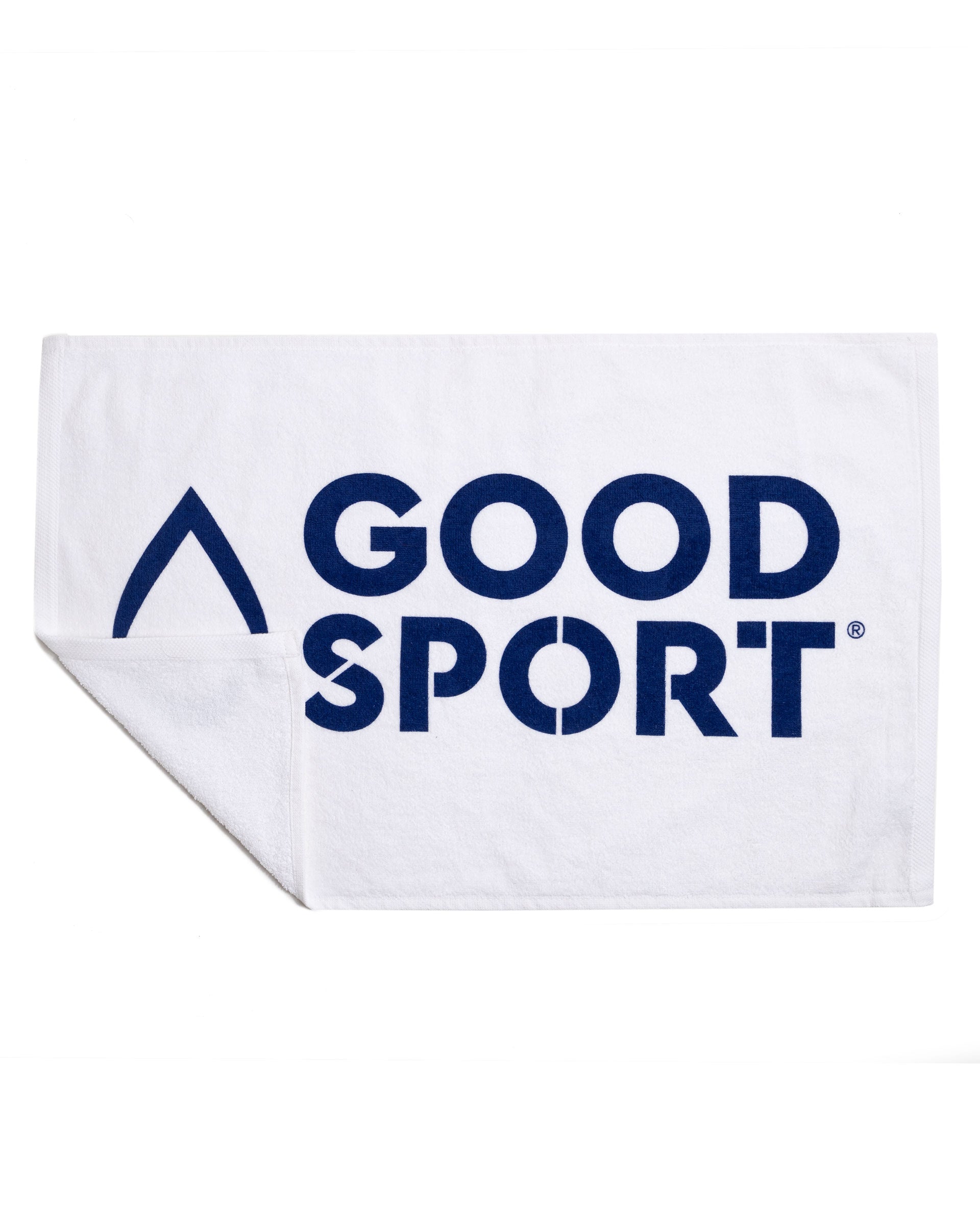 White GoodSport sweat towel with blue lettering.