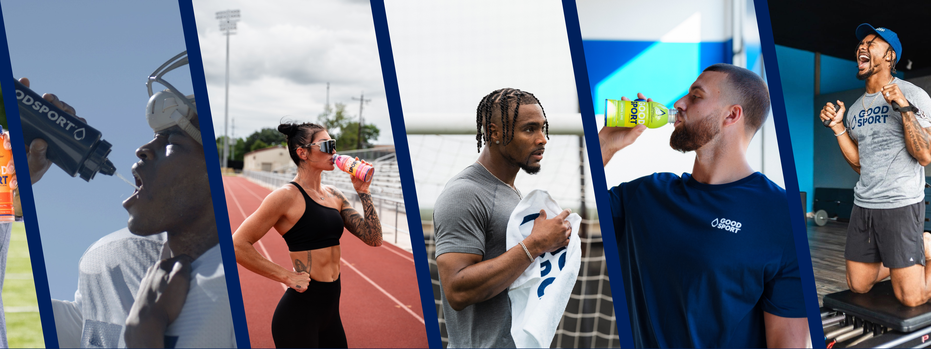 Collage of athletes training and drinking GoodSport.
