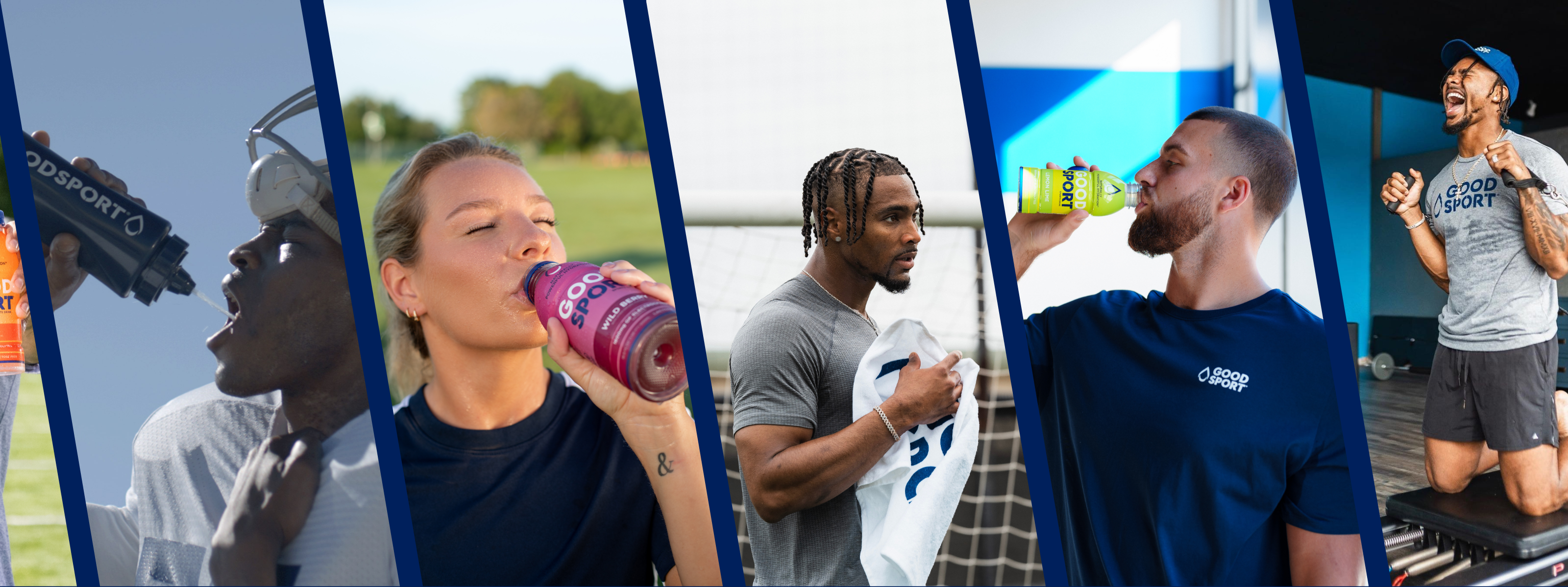 Collage of athletes drinking GoodSport or working out