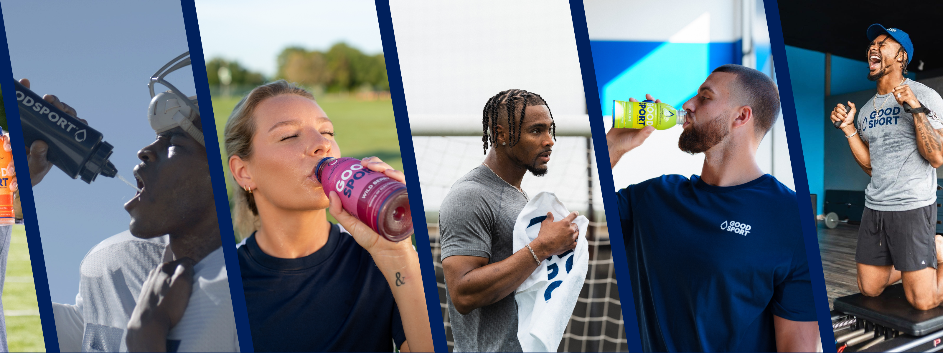 Collage of athletes working out and drinking GoodSport
