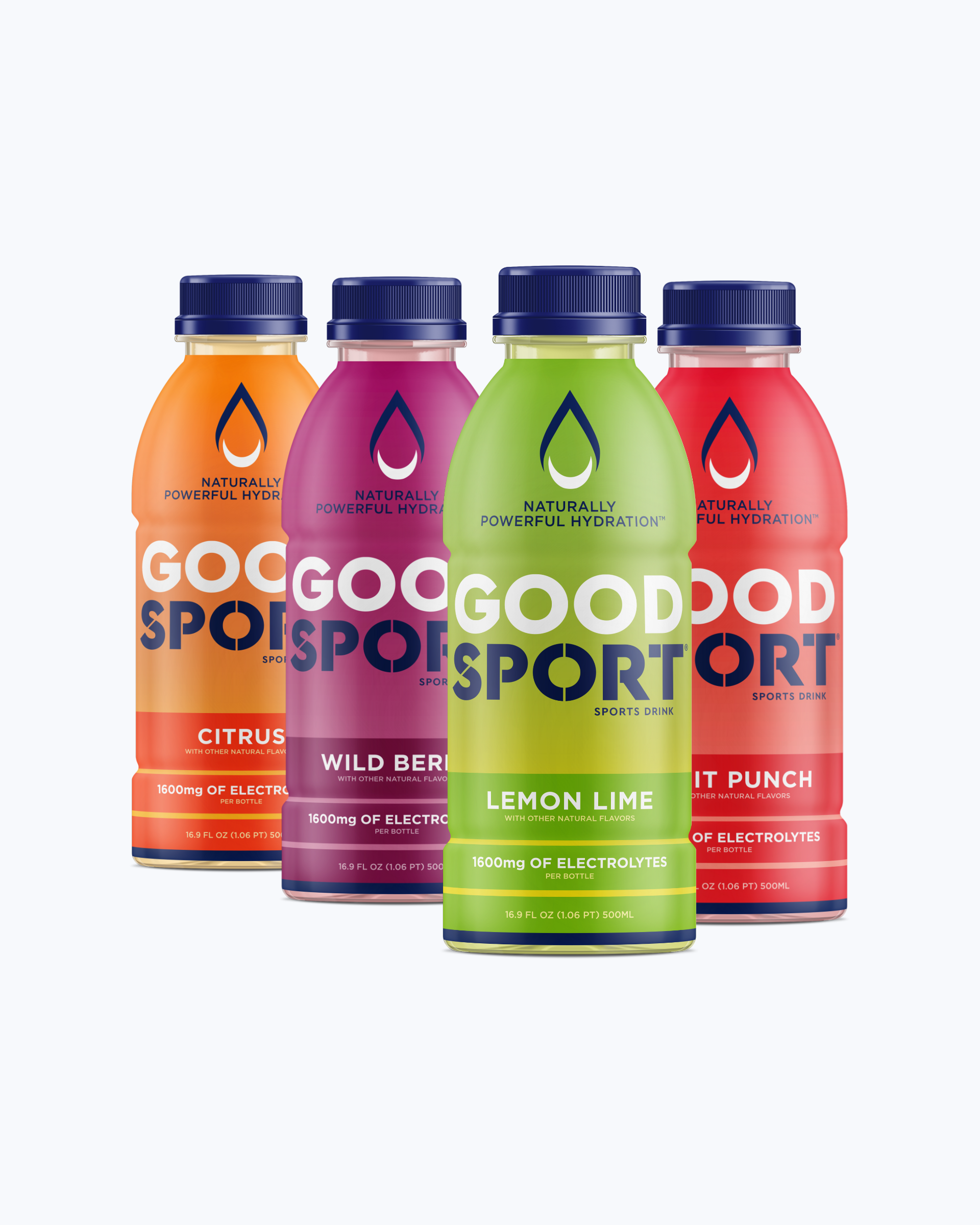 Bottles of Citrus, Wild Berry, Lemon Lime and Fruit Punch GoodSport sports drink.