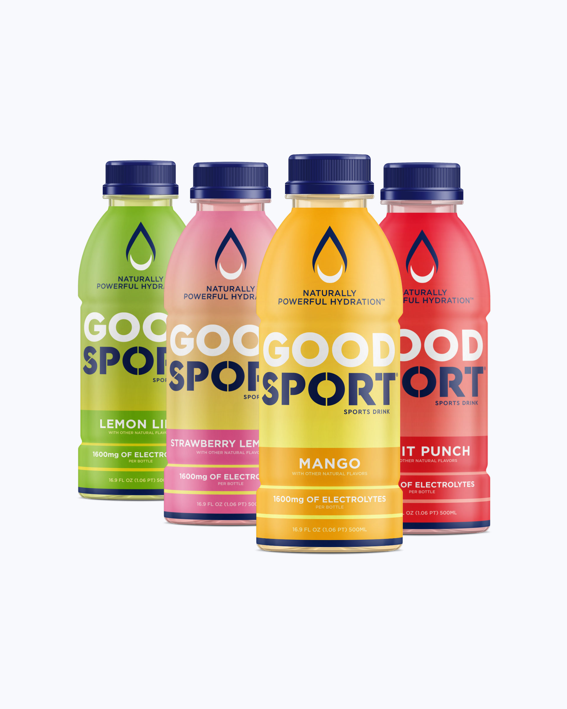 Bottles of Lemon Lime, Strawberry Lemonade, Mango and Fruit Punch GoodSport sports drink.
