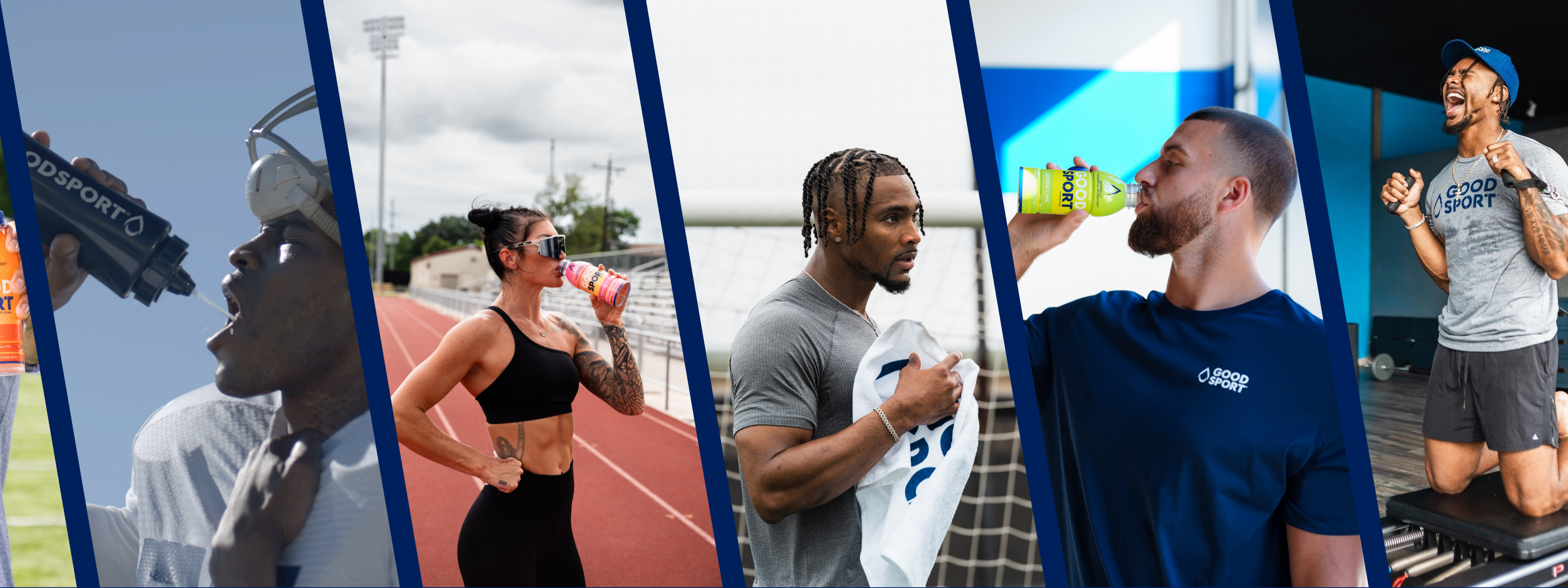 Collage of athletes training and drinking GoodSport. 