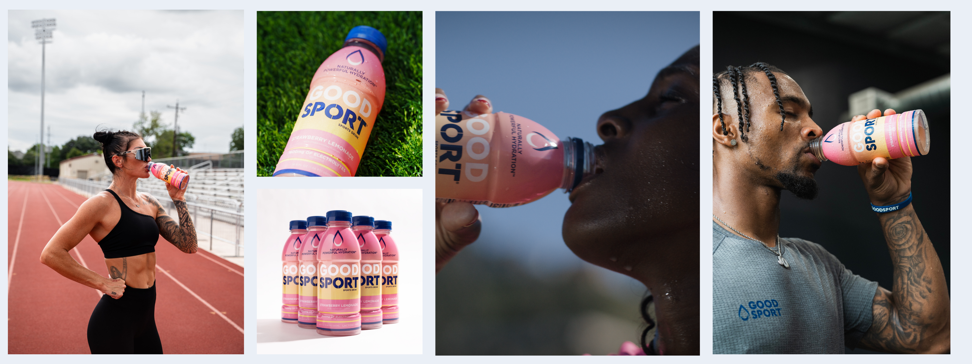 Collage of athletes drinking Strawberry Lemonade. 