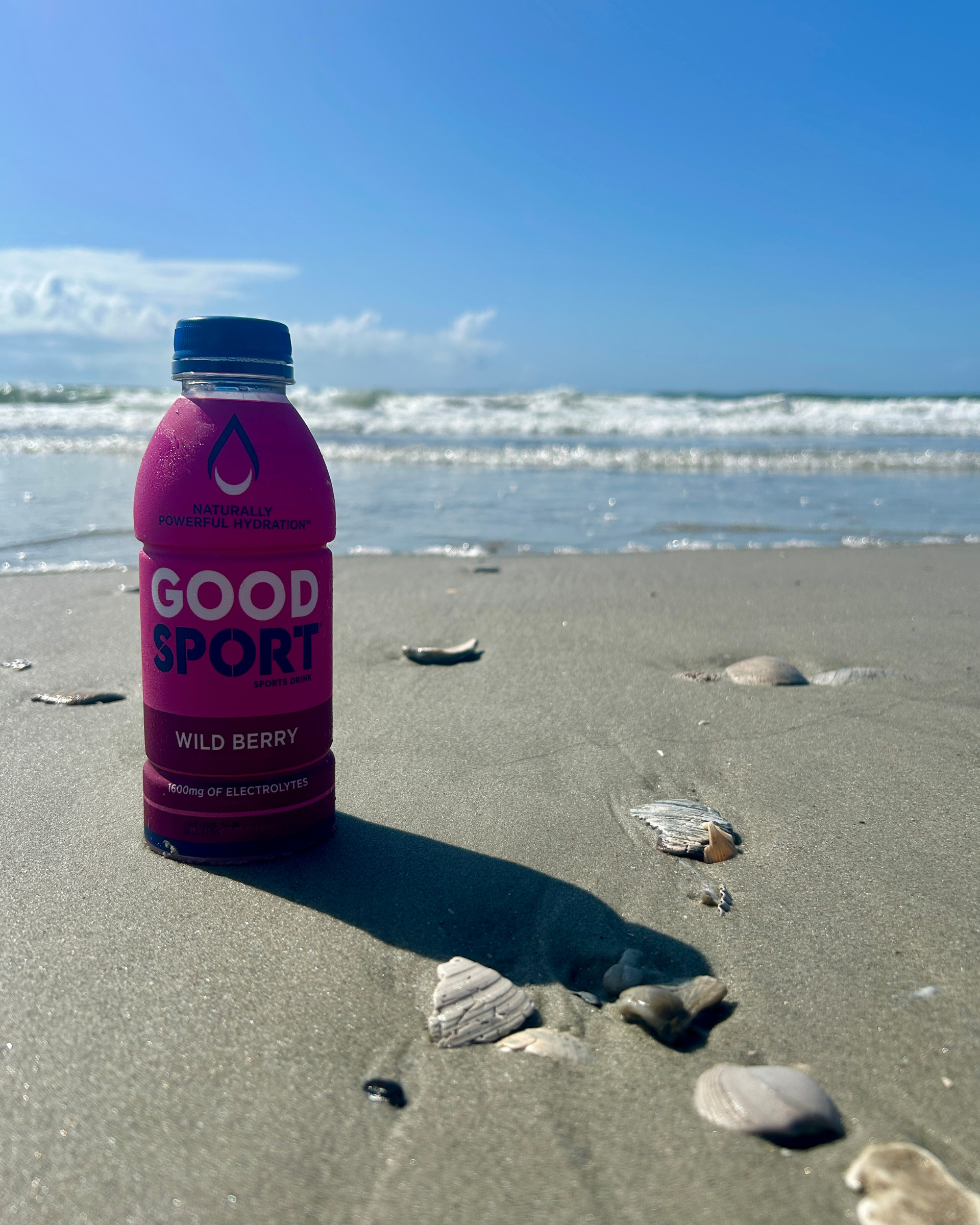 Bottle of Wild Berry GoodSport sports drink sitting on the sane with shells and the ocean in the background